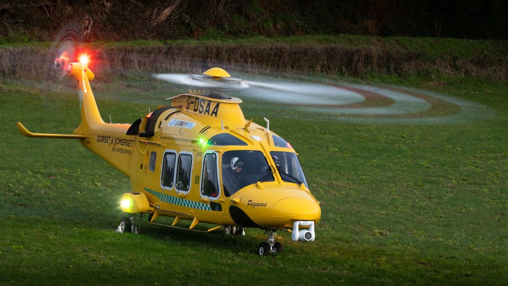 Dorset and somerset yellow air ambulance helicopter